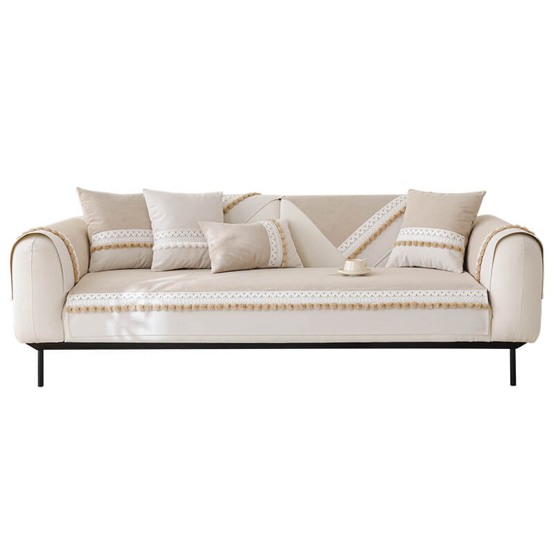 All-Season Water-resistant Anti-Scratch Soft Corduroy Couch Cover with Pom-Poms