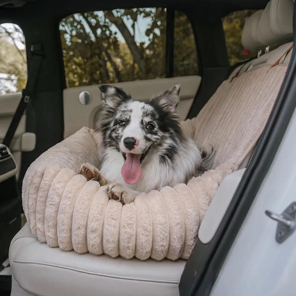 Waterproof Ribbed Plush Bolster Dog Car Seat Bed with Safety Tethers