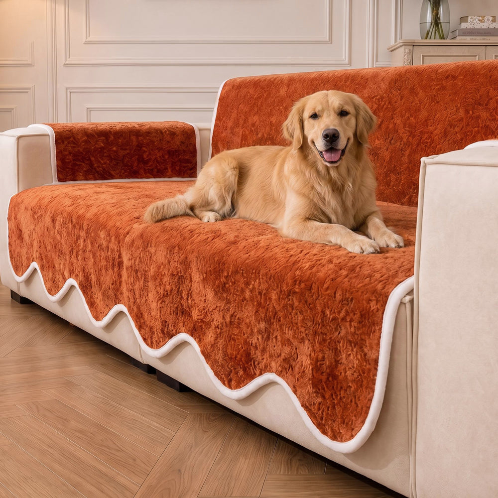 Waterproof Plush Velvet Contrast Wavy Edge Couch Cover