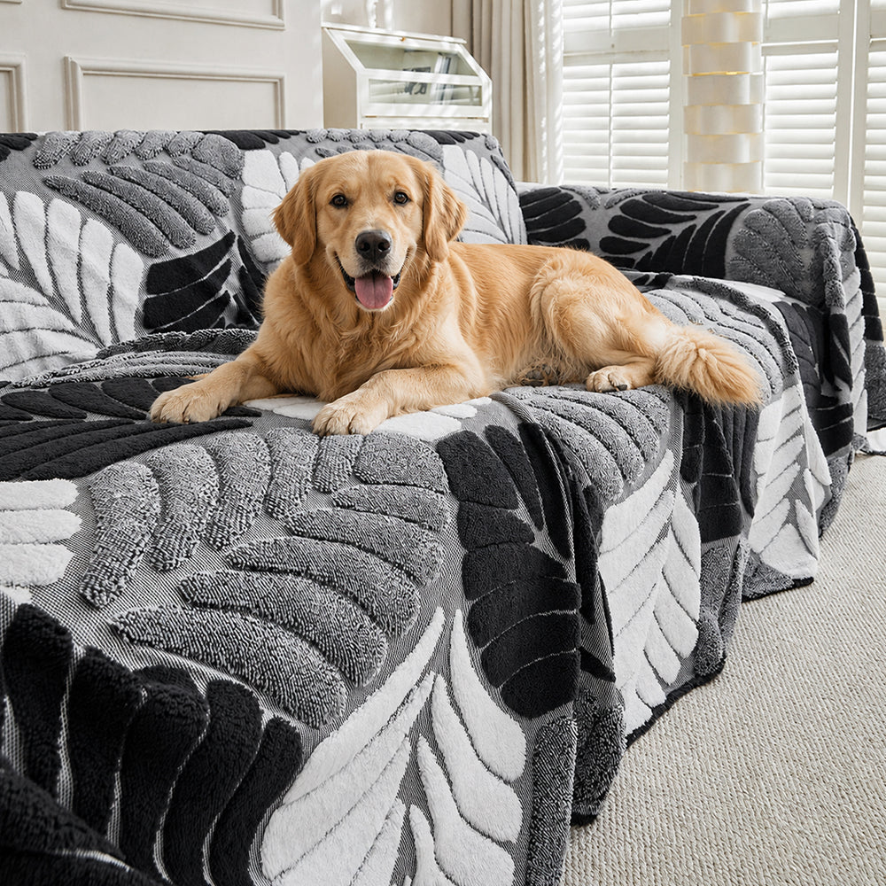 Pet-Friendly Thickened Soft Plush Leaf-Patterned Sofa Throw Couch Cover