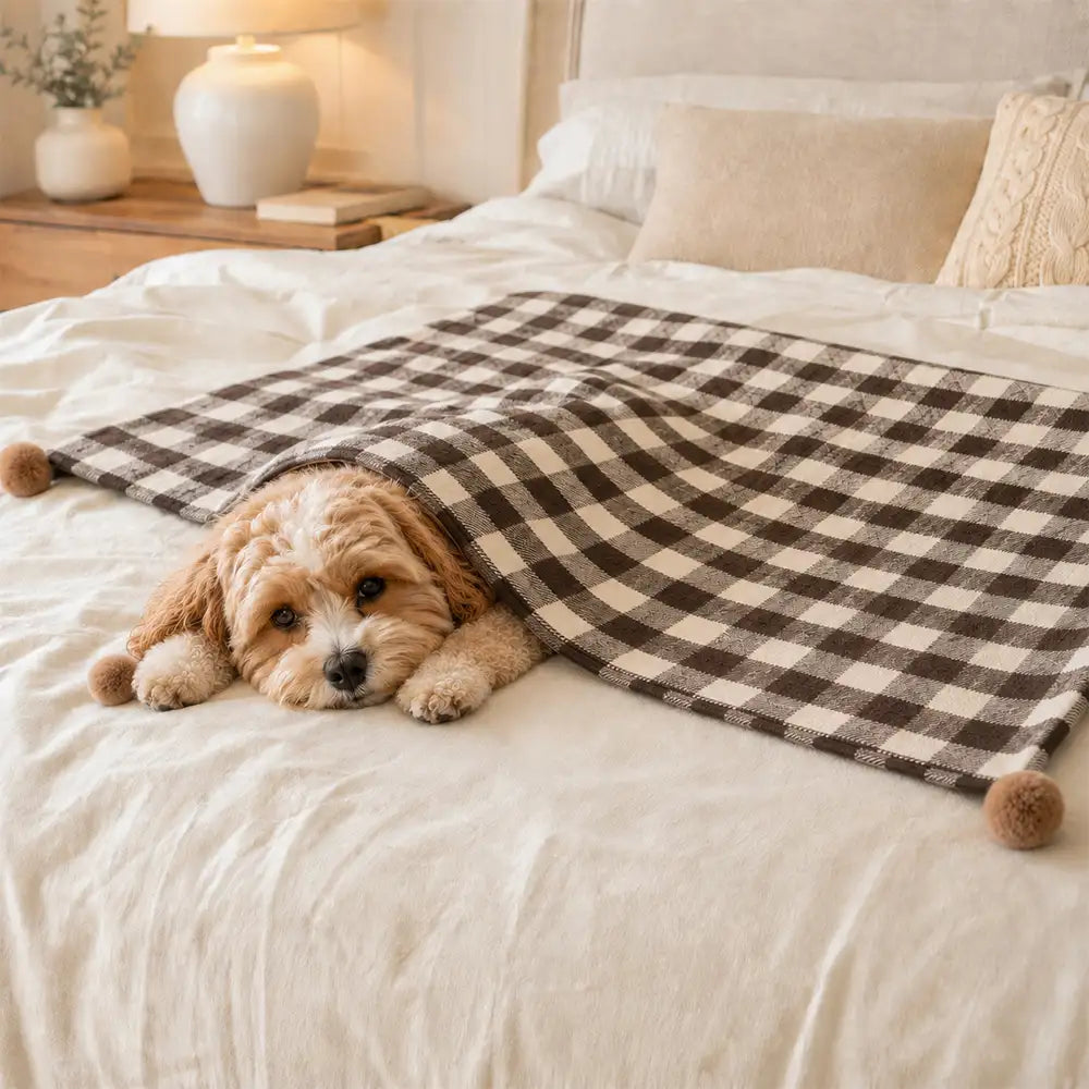 Cozy Reversible Plaid Plush Pet Throw Blanket with Pom-Poms