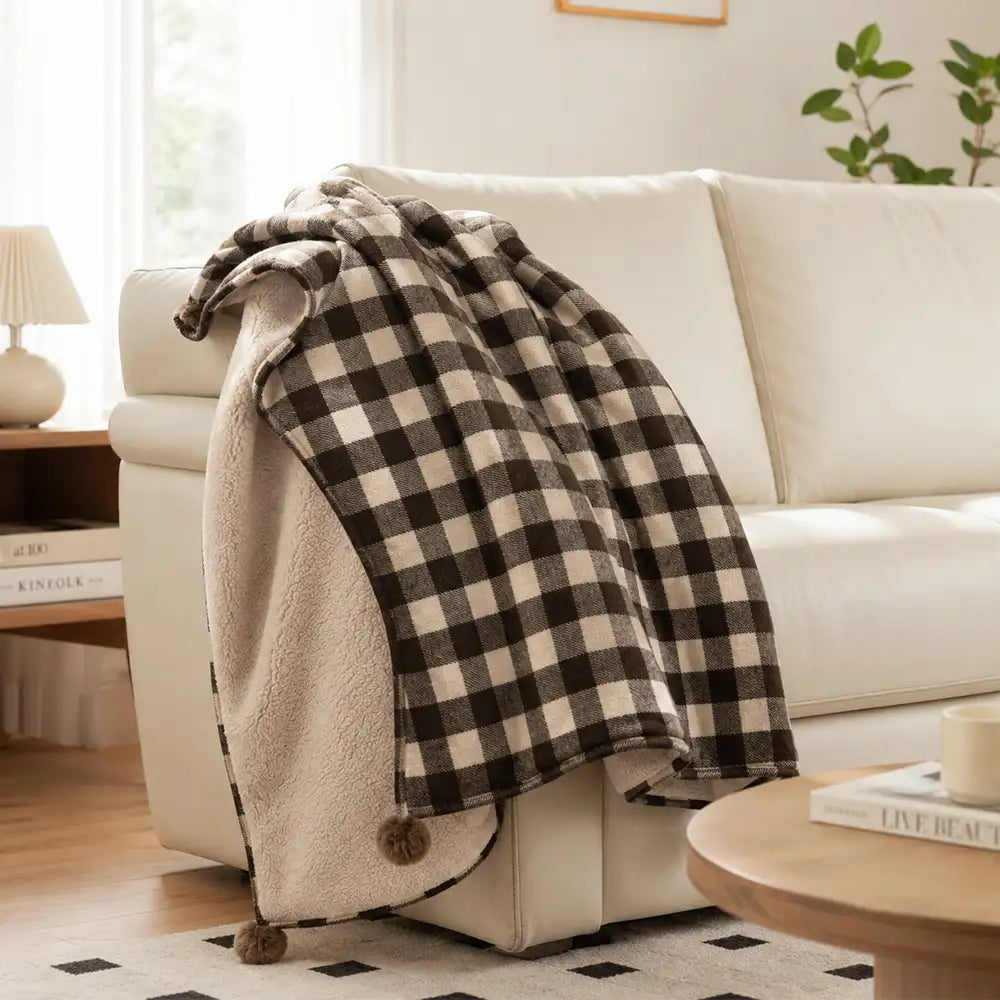 Cozy Reversible Plaid Plush Pet Throw Blanket with Pom-Poms