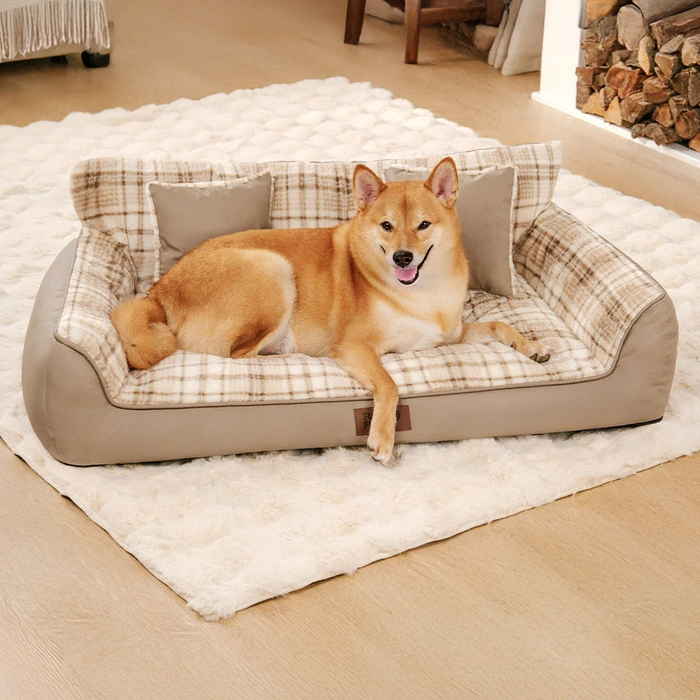 Vintage Plaid Plush Orthopedic Dog Sofa Bed with Pillows - CozyLuxe