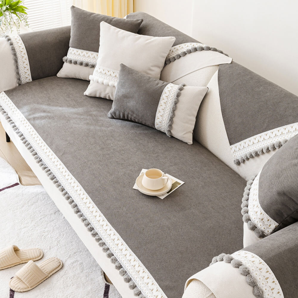 All-Season Water-resistant Anti-Scratch Soft Corduroy Couch Cover with Pom-Poms