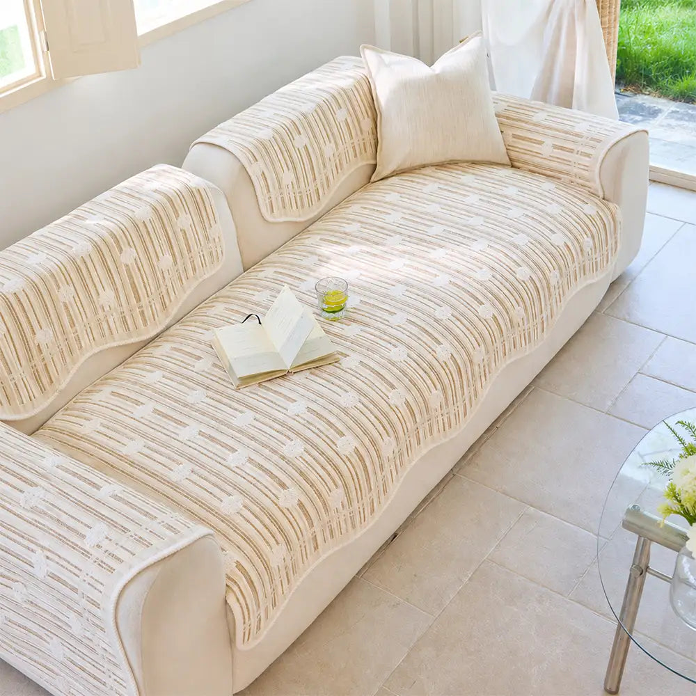 Modern Textured Striped Chenille Non-Slip Couch Cover