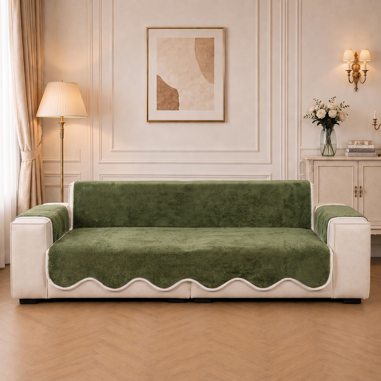 Waterproof Plush Velvet Contrast Wavy Edge Couch Cover