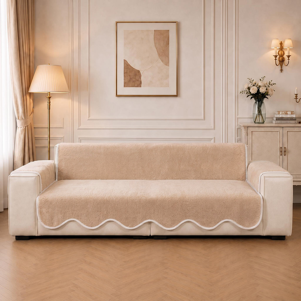 Waterproof Plush Velvet Contrast Wavy Edge Couch Cover