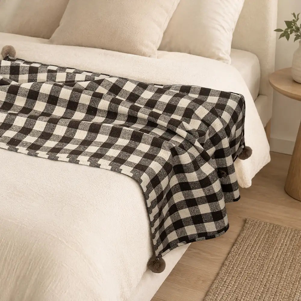 Cozy Reversible Plaid Plush Pet Throw Blanket with Pom-Poms