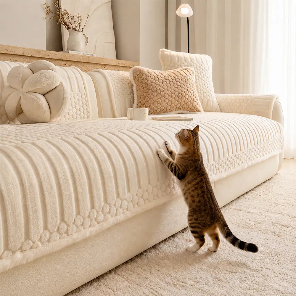 Striped & Bubble-Textured Plush Non-Slip Couch Cover