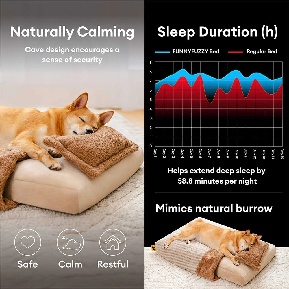 Plush Striped Cave Covered Orthopedic Dog Bed With Pillow - FluffyWarm