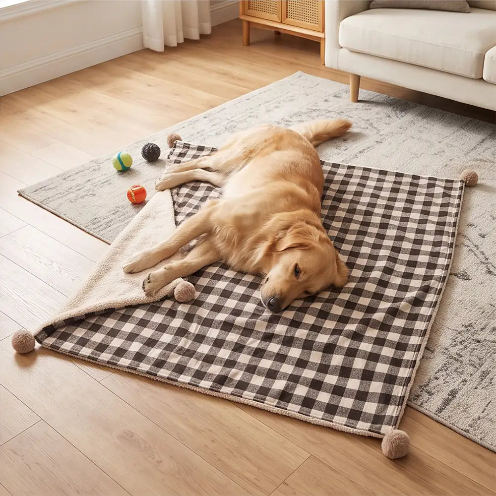Cozy Reversible Plaid Plush Pet Throw Blanket with Pom-Poms