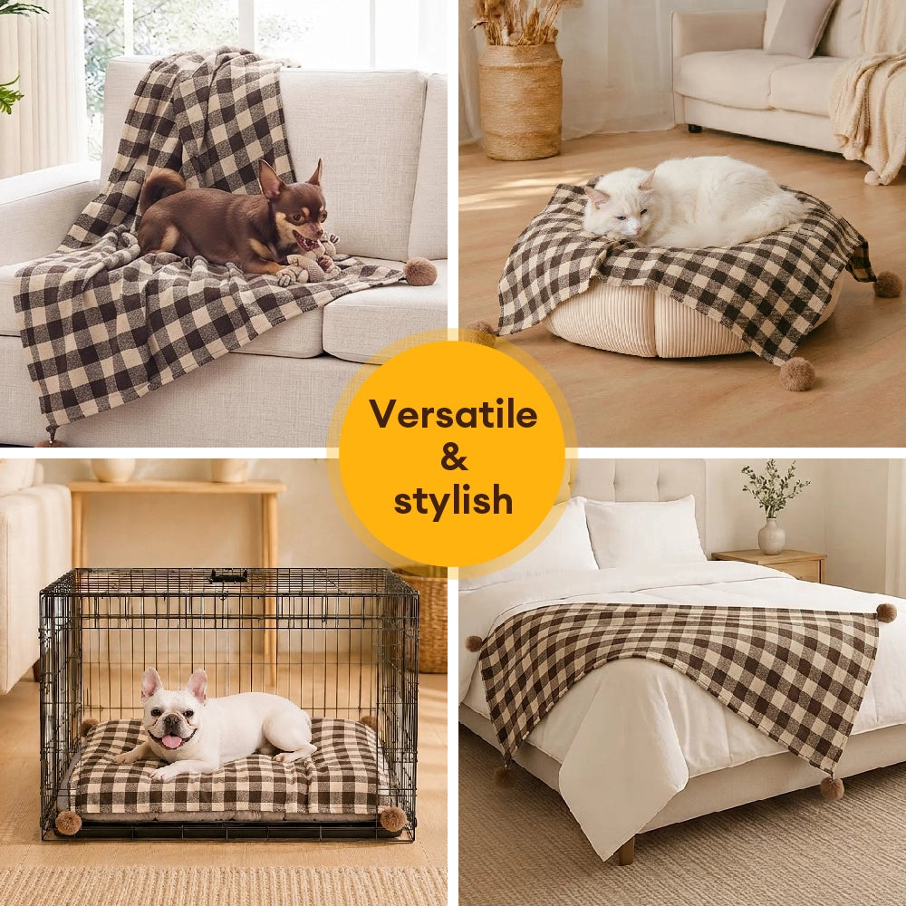 Cozy Reversible Plaid Plush Pet Throw Blanket with Pom-Poms