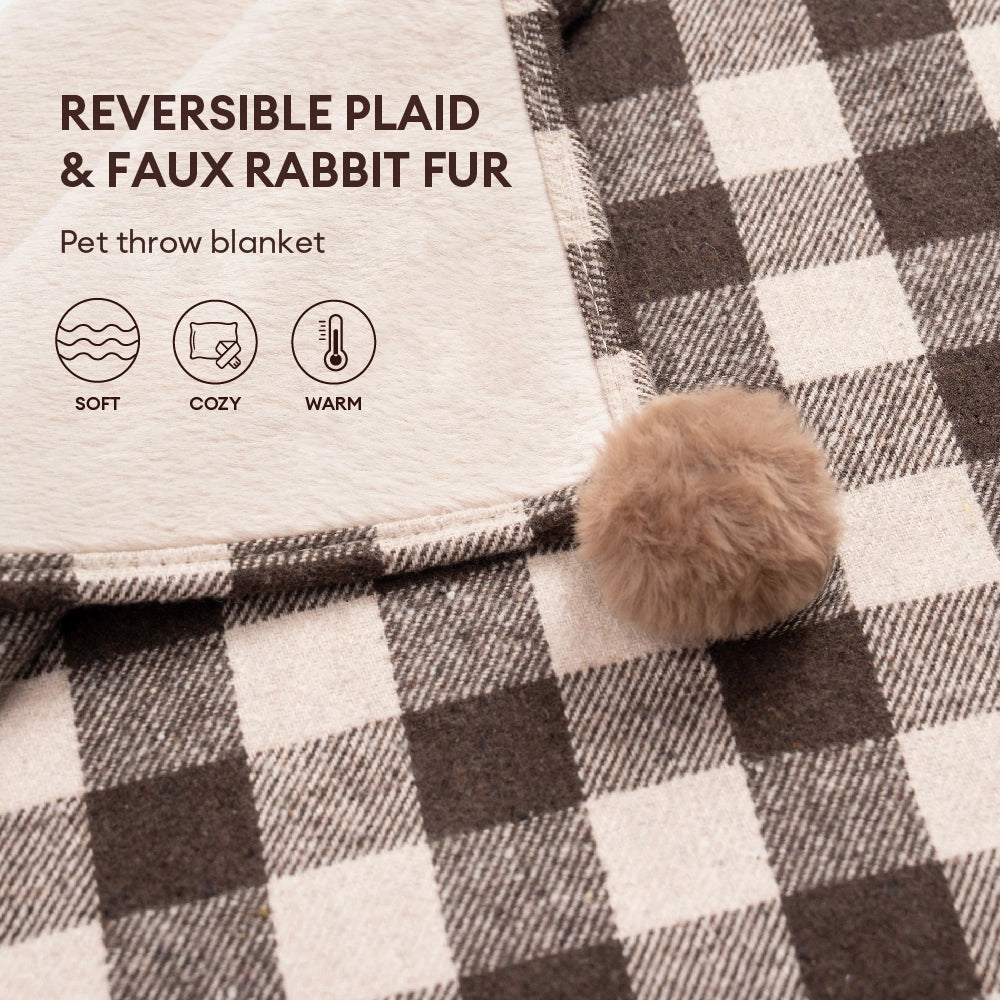Cozy Reversible Plaid Plush Pet Throw Blanket with Pom-Poms