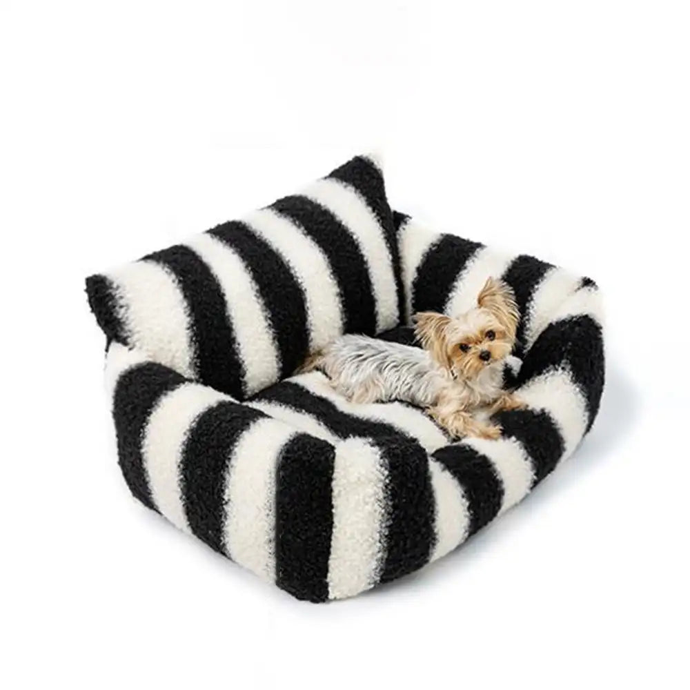 Black & White Stripe Faux Lambs Wool Soft Dog & Cat Sofa Bed - Winter Piano Keys