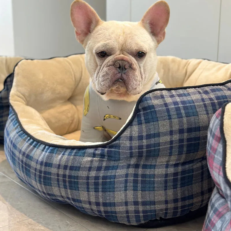 Cama aconchegante para animais de estimação xadrez azul Cama calmante para cães