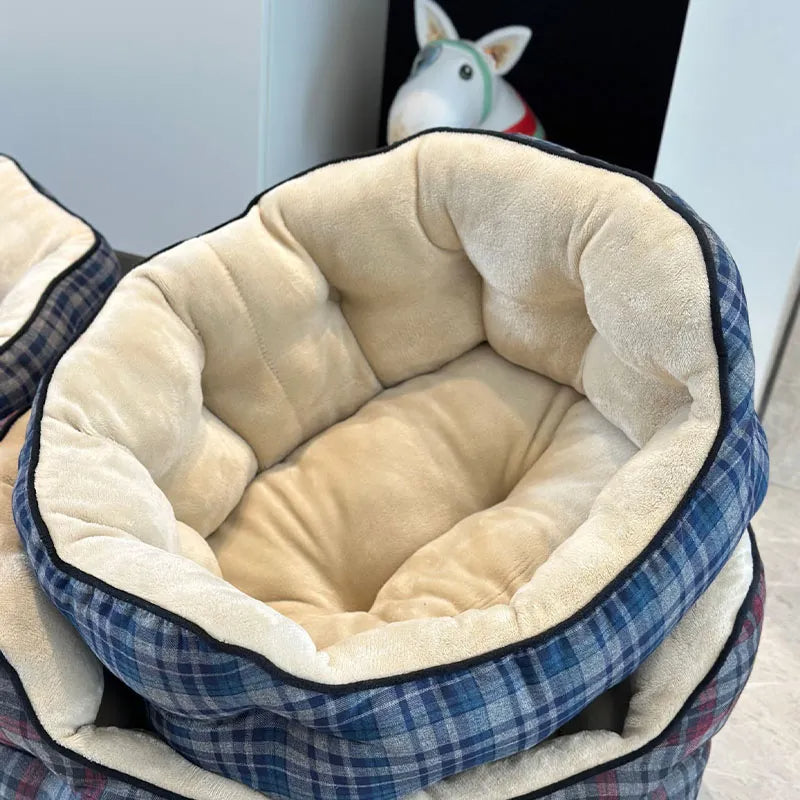 Cama aconchegante para animais de estimação xadrez azul Cama calmante para cães