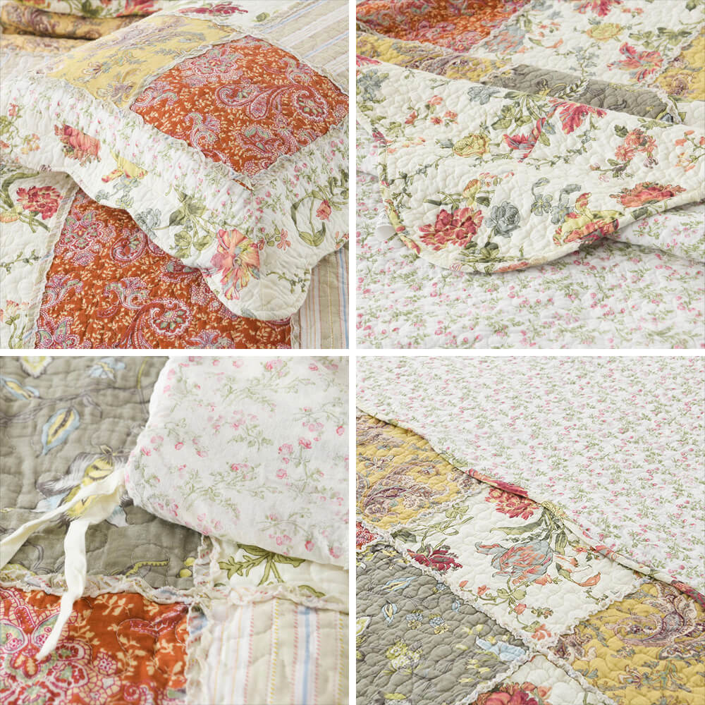 Ensemble de draps de lit réversible en coton, couvre-lit doux à motif floral chic patchwork