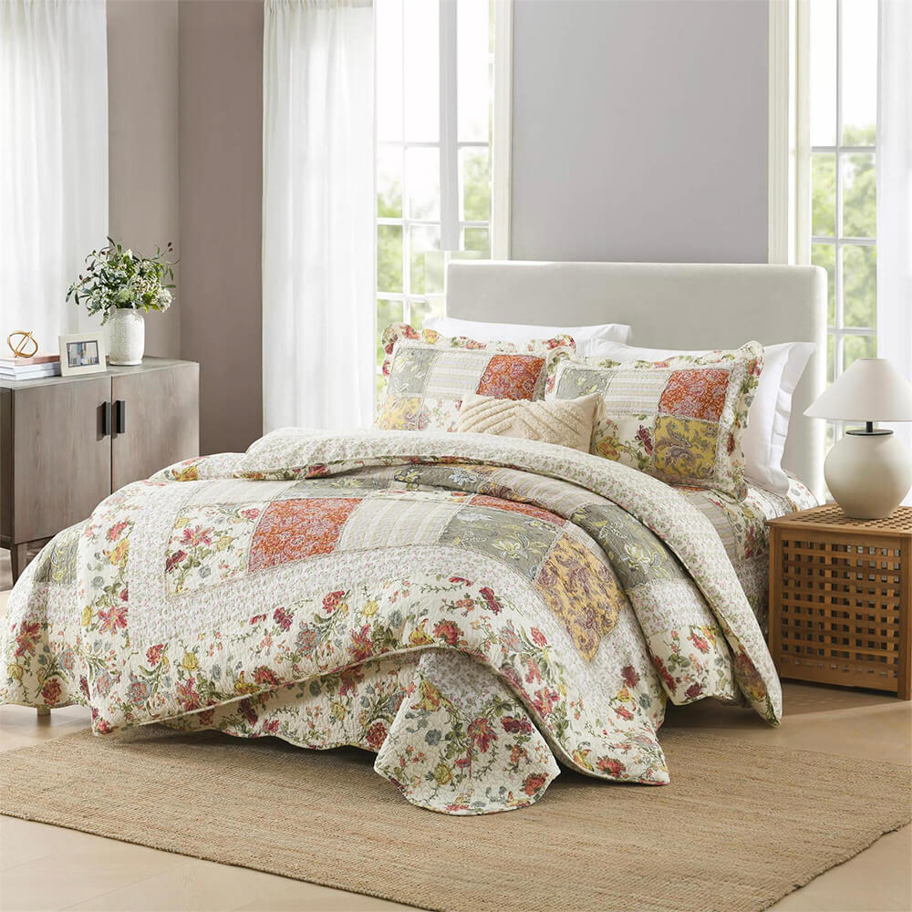 Ensemble de draps de lit réversible en coton, couvre-lit doux à motif floral chic patchwork