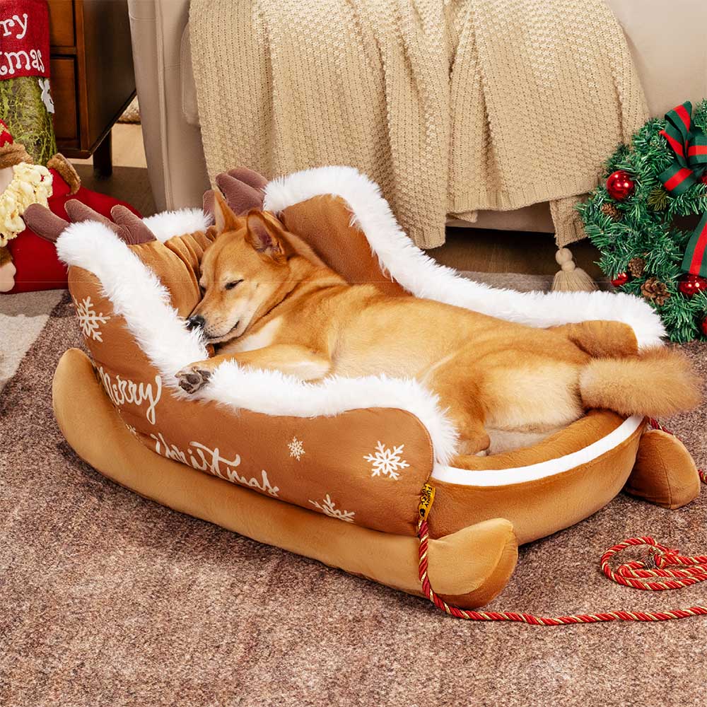 Festive Plush Cozy Dog Bed - Christmas Sleigh