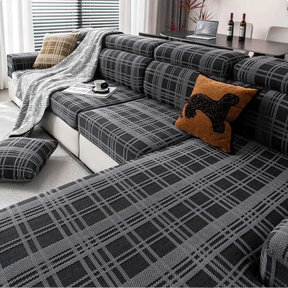 Checkered Stretch Universal Fully Fitted Anti-Cat Scratch Couch Cover - Suitable for All Seasons