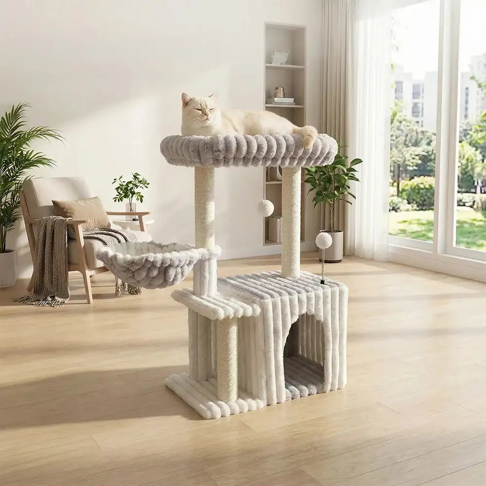 Cozy Fluffy One-Piece Climbing Frame Cat Scratching Cat Tree with Condo