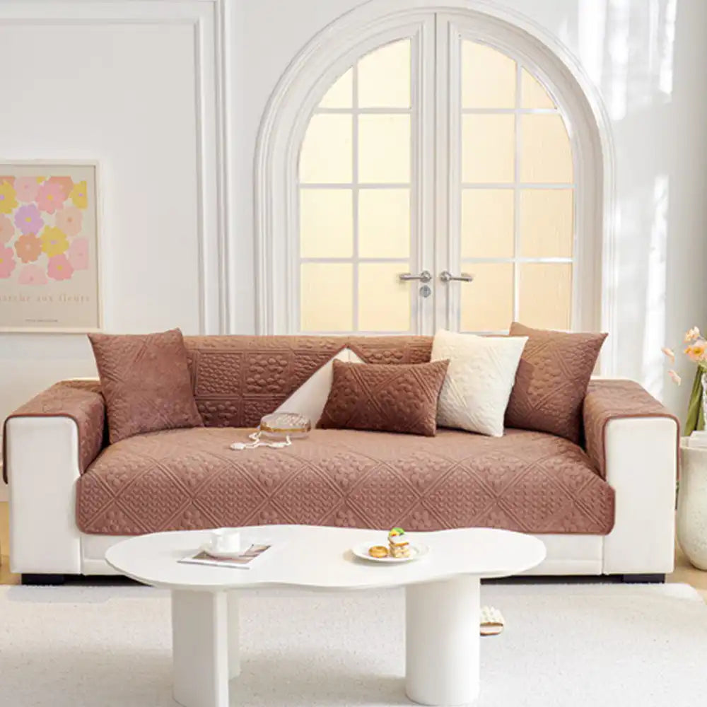 Embossed Geometric Pattern Soft Plush Quilted Non-Slip Couch Cover
