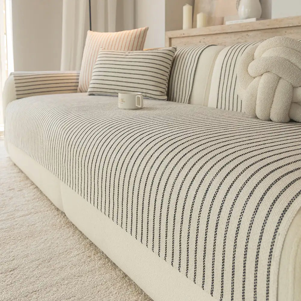 Faux Cotton-Linen Chenille Striped Breathable Scratch-Resistant Couch Cover