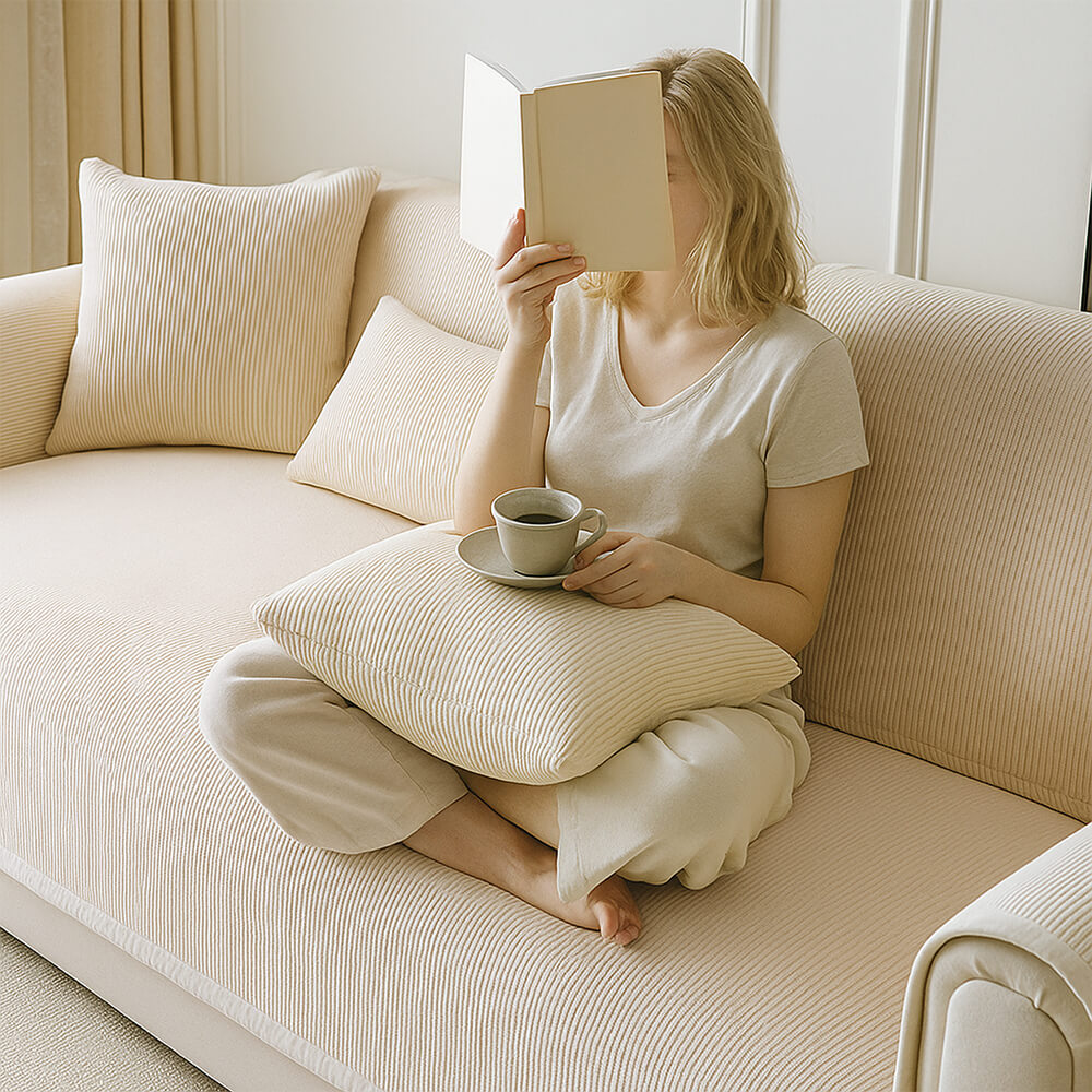 Modern Cream Vertical Stripes Fleece Couch Cover for All Seasons