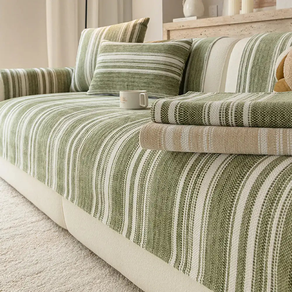 Natural Stripe Chenille Thickend Sofa Protection Washable Non-Slip Couch Cover