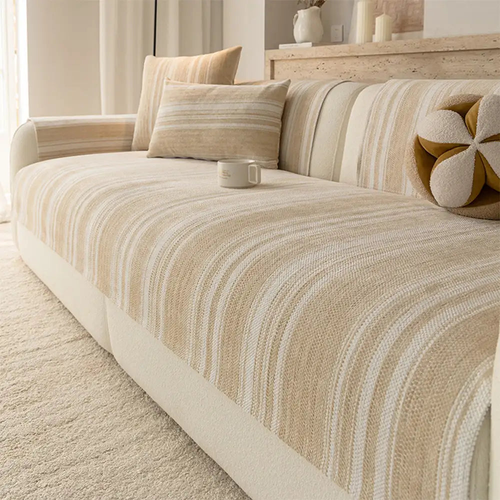 Natural Stripe Chenille Thickend Sofa Protection Washable Non-Slip Couch Cover