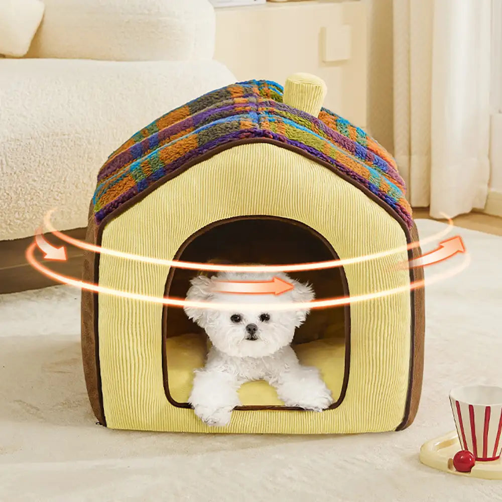 Plaid Retro Cozy Cave-Style Warm Deep Sleeping Dog & Cat Bed - Retro House