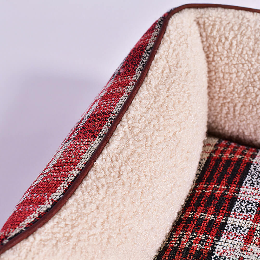 Quadratisches Vintage-Karobett aus Kunst-Sherpa-PU-Leder für Hunde und Katzen