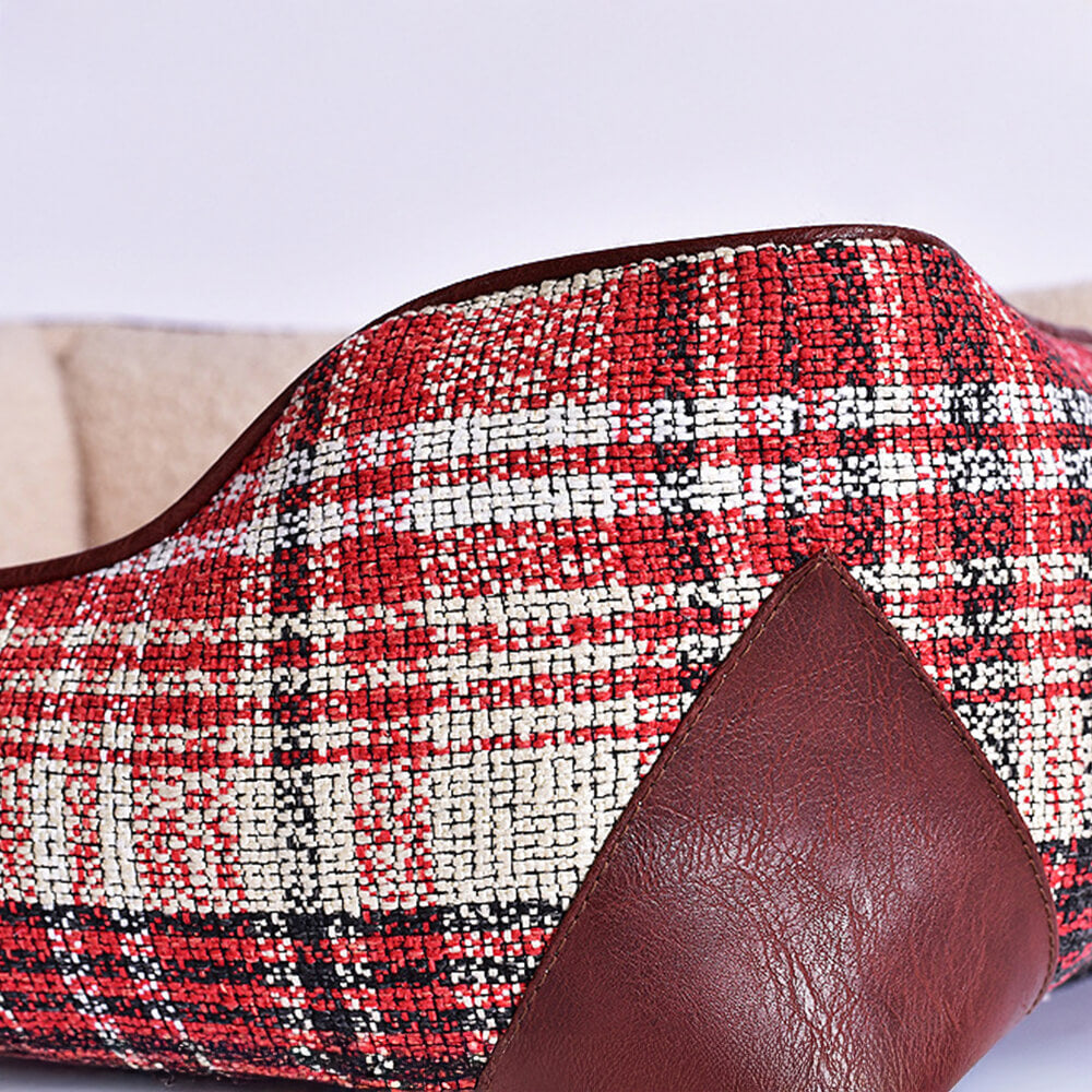 Quadratisches Vintage-Karobett aus Kunst-Sherpa-PU-Leder für Hunde und Katzen