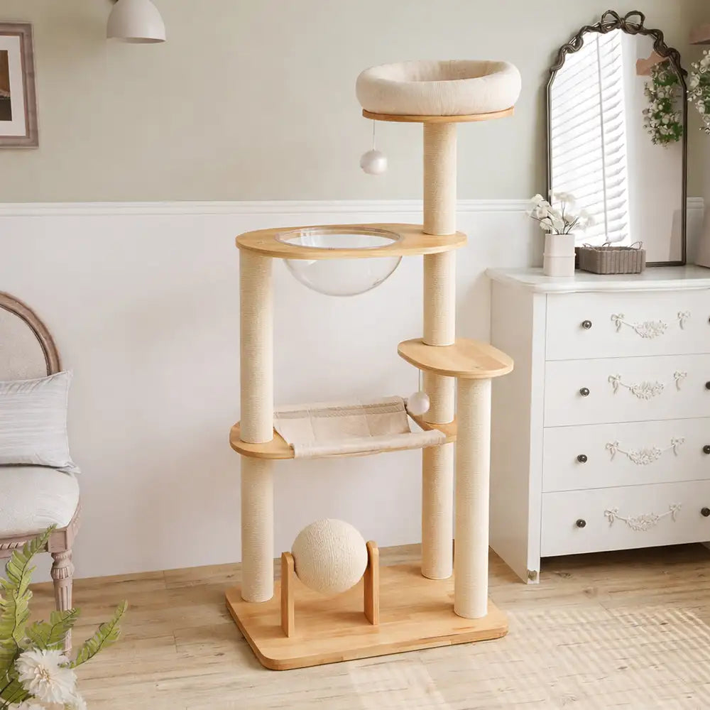 Wooden Multi-Level Climbing Frame Scratching Post Cat Tree With Hammock