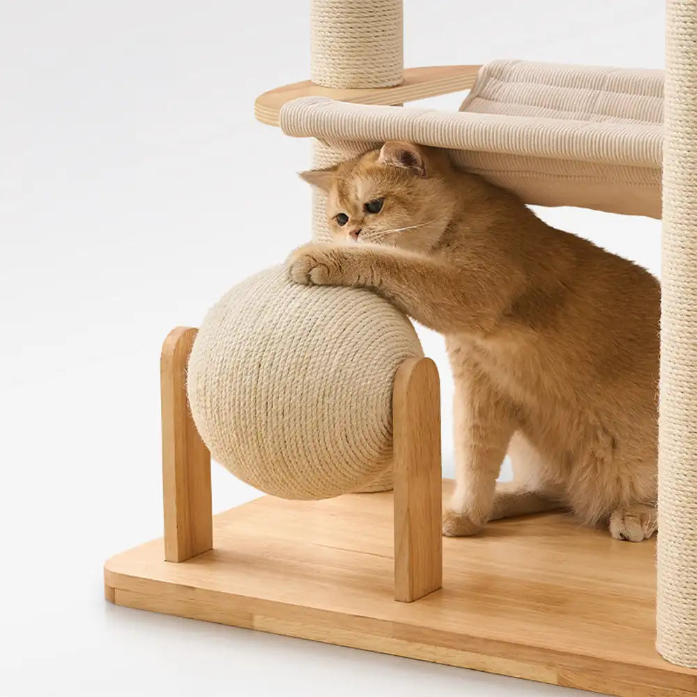 Wooden Multi-Level Climbing Frame Scratching Post Cat Tree With Hammock