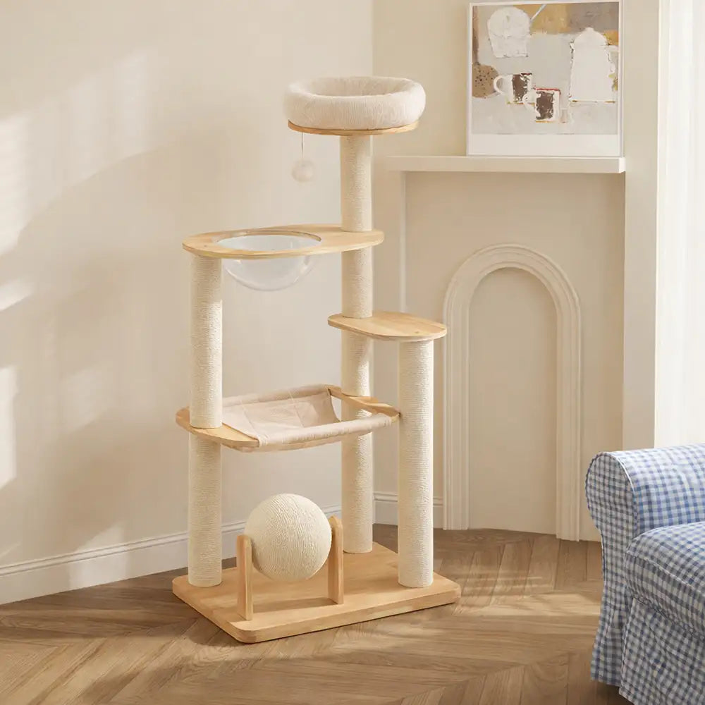 Wooden Multi-Level Climbing Frame Scratching Post Cat Tree With Hammock