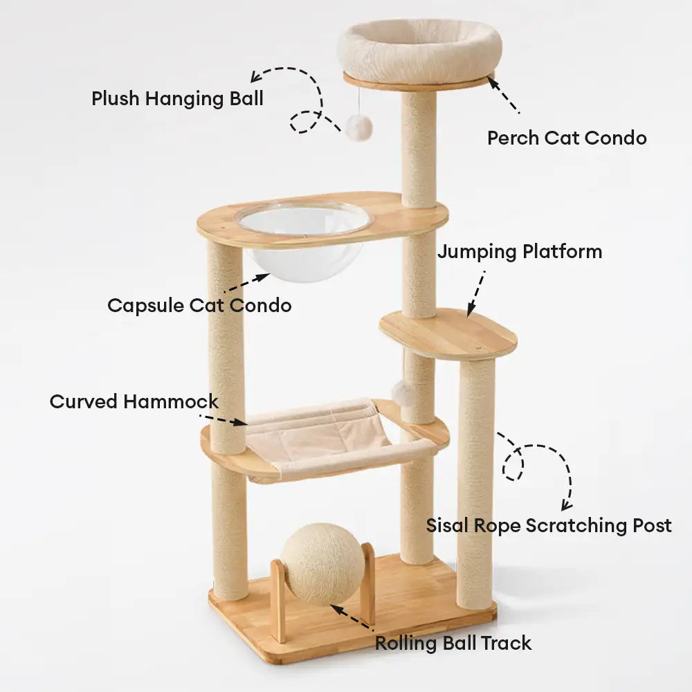 Wooden Multi-Level Climbing Frame Scratching Post Cat Tree With Hammock