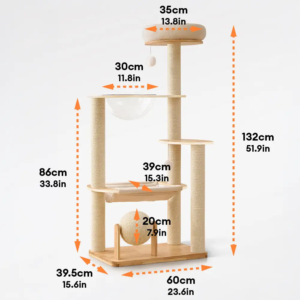 Wooden Multi-Level Climbing Frame Scratching Post Cat Tree With Hammock