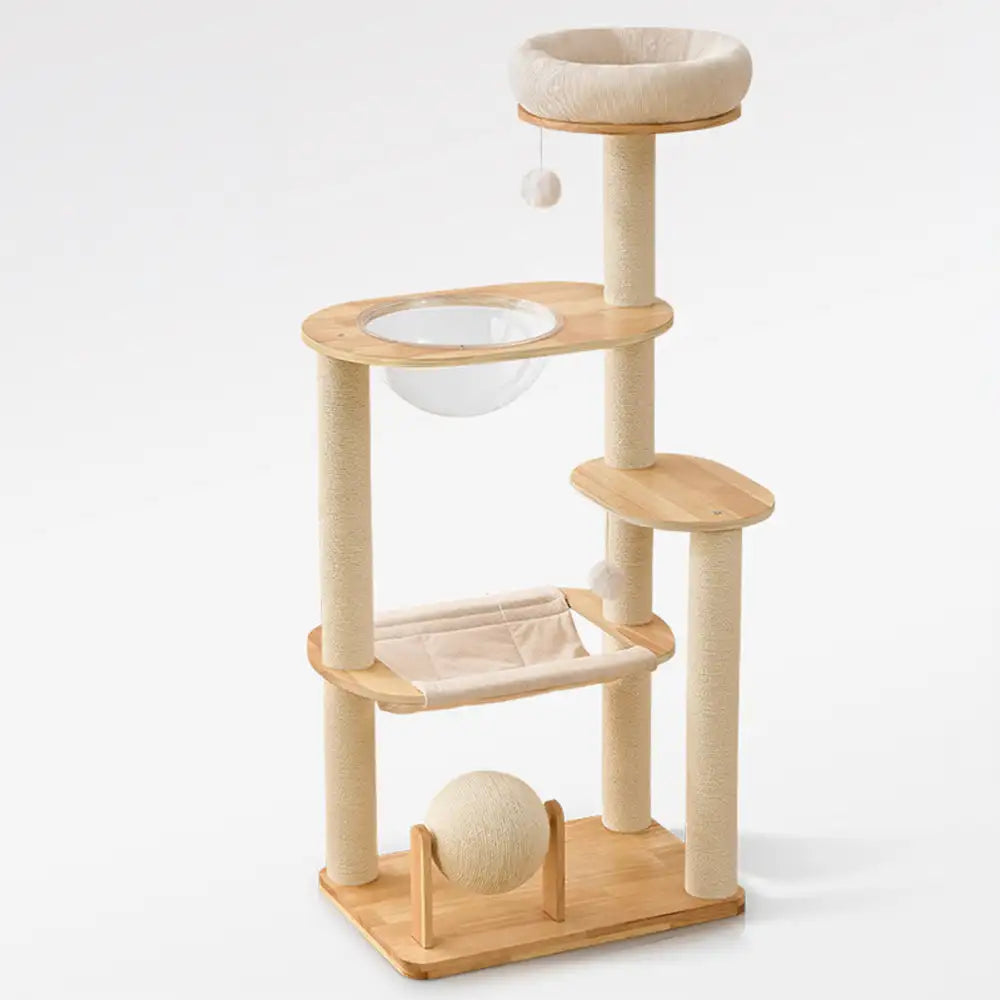 Wooden Multi-Level Climbing Frame Scratching Post Cat Tree With Hammock