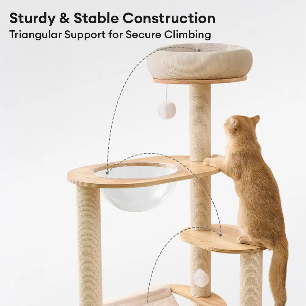 Wooden Multi-Level Climbing Frame Scratching Post Cat Tree With Hammock