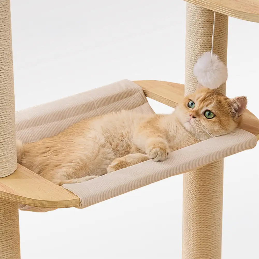 Wooden Multi-Level Climbing Frame Scratching Post Cat Tree With Hammock