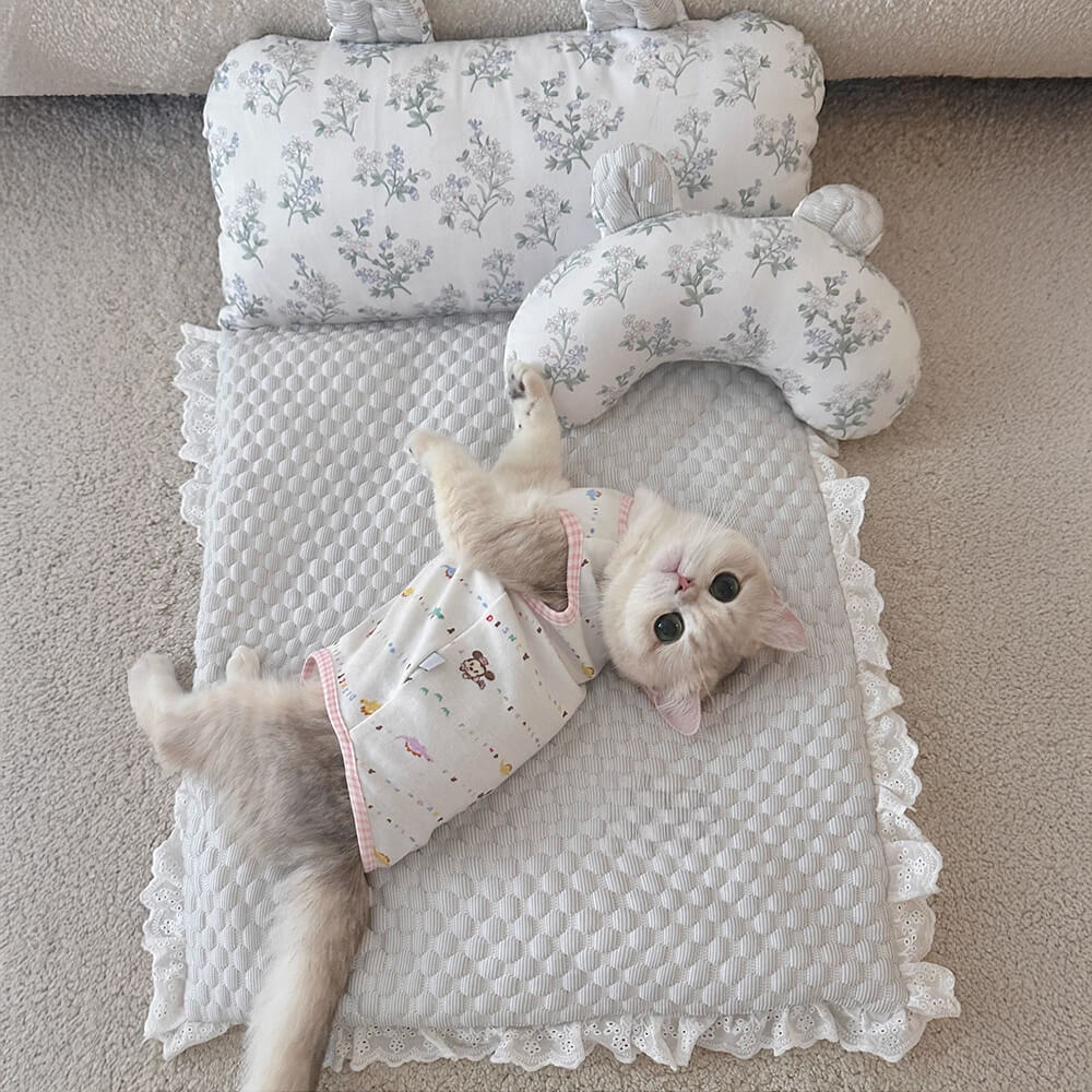 Floral Ice Silk Dog & Cat Cooling Mat Neck Support with Pillow