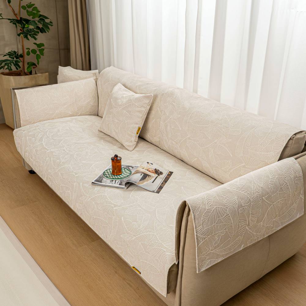 Luxury Solid Color Leaf Textured Jacquard Sofa Protector Couch Cover