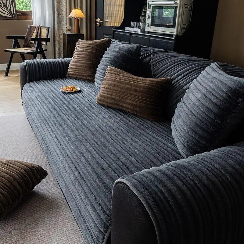 Modern Asymmetrical Stripes Soft Plush Non-Slip Couch Cover