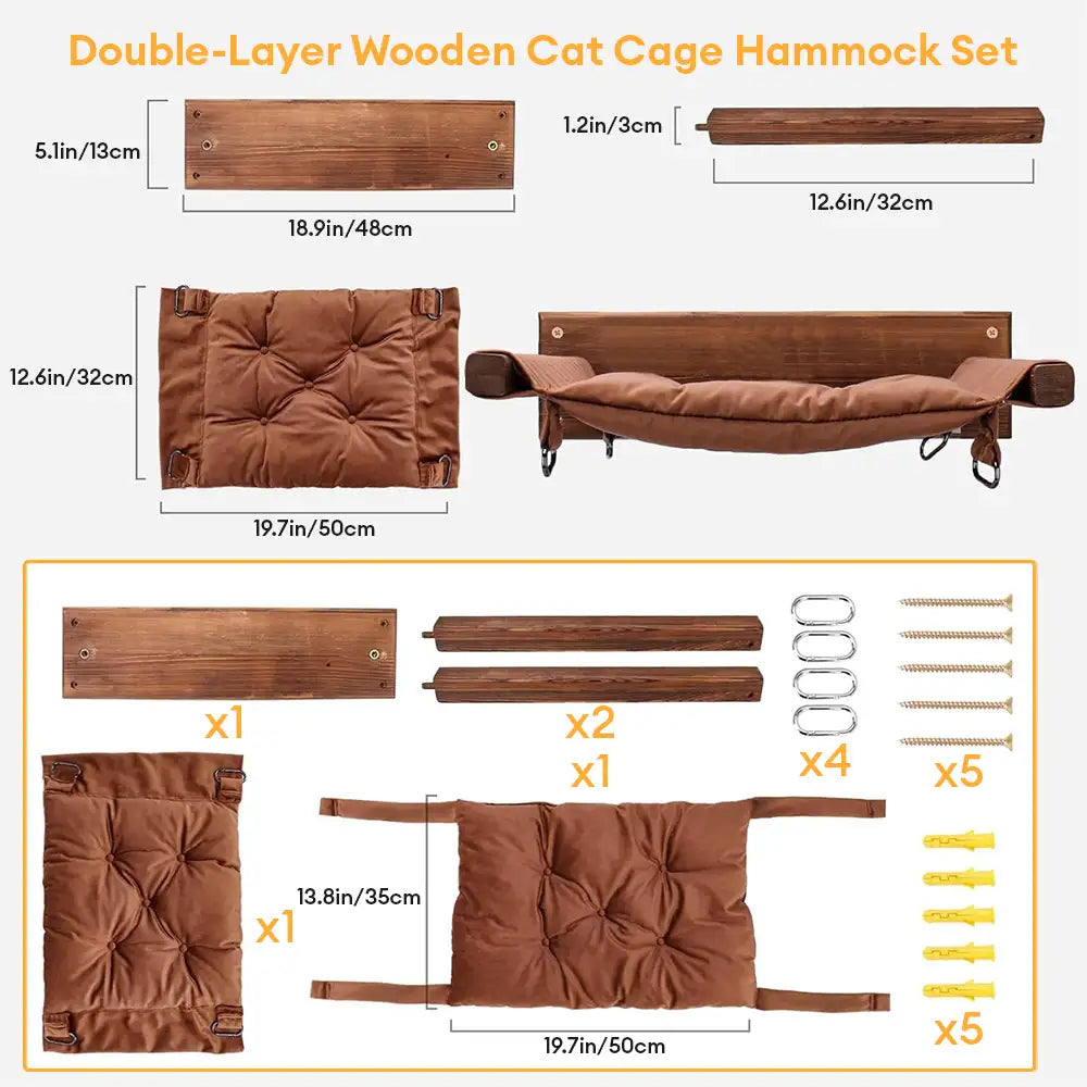 Modern Wooden Double-Layer Cat Wall Hammock for Lounging