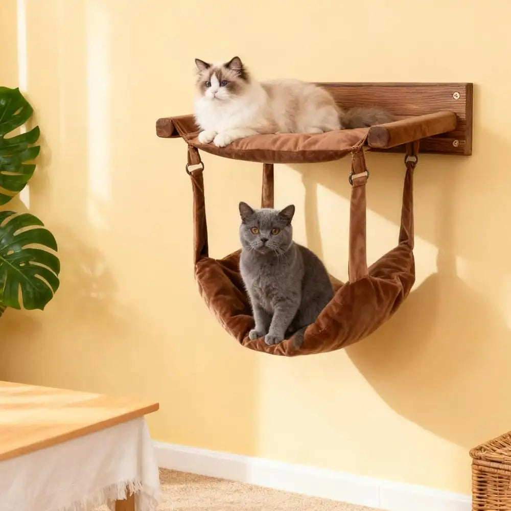 Modern Wooden Double-Layer Cat Wall Hammock for Lounging