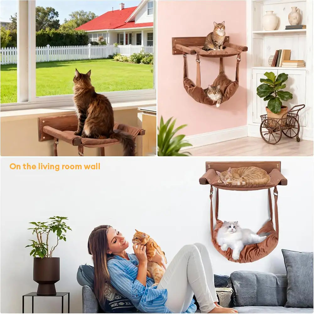Modern Wooden Double-Layer Cat Wall Hammock for Lounging