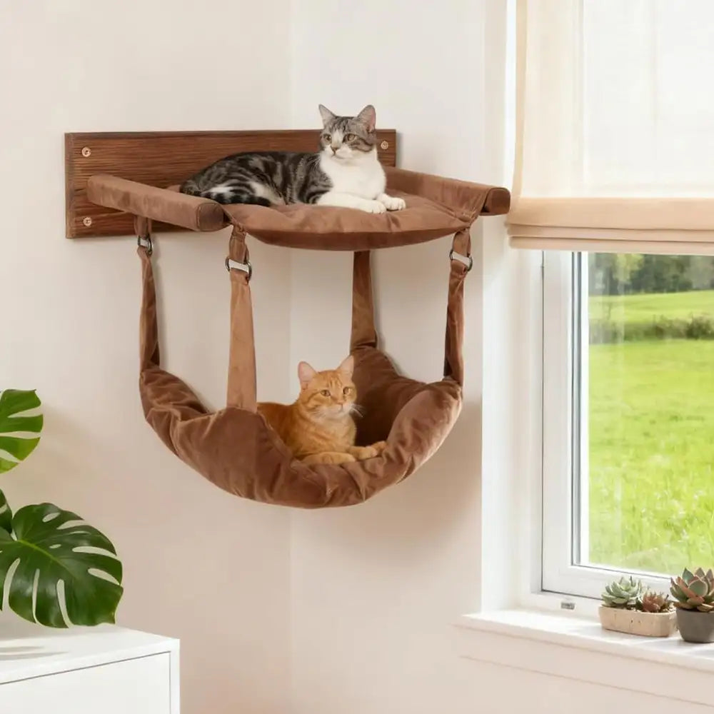 Modern Wooden Double-Layer Cat Wall Hammock for Lounging