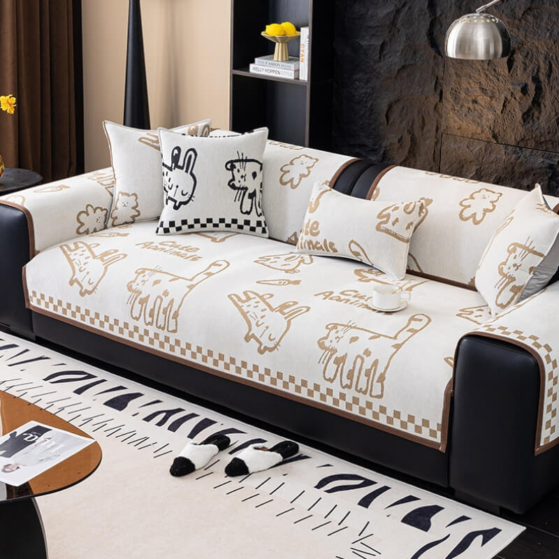 Playful Cat Chenille Fabric Anti-Scratch Sofa Protection Couch Cover