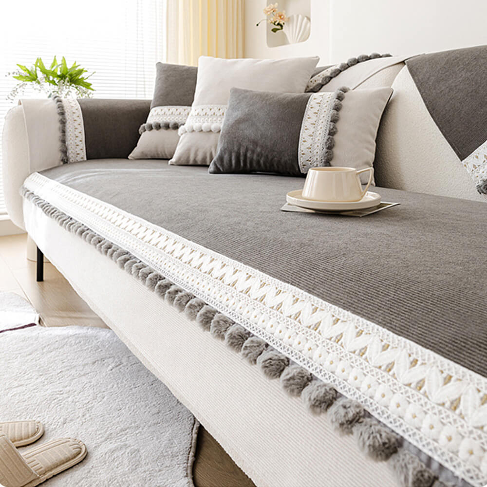 All-Season Water-resistant Anti-Scratch Soft Corduroy Couch Cover with Pom-Poms
